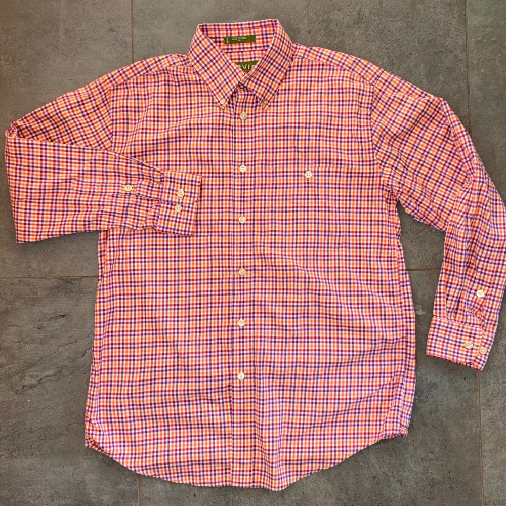 Orvis Button Down Shirt Mens Size M Orange Purple Gingham Excellent Cotton Check